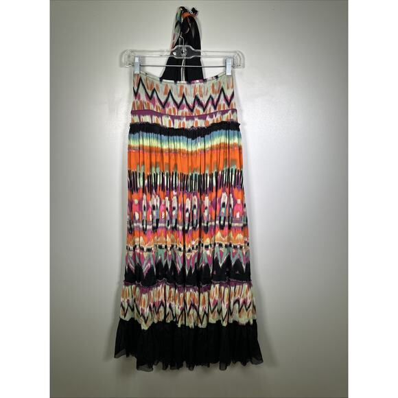 Calvin Klein‎ Midi Dress L Halter Vibrant Tye Dye Festival Chiffon Tiered Y2K - Picture 2 of 10